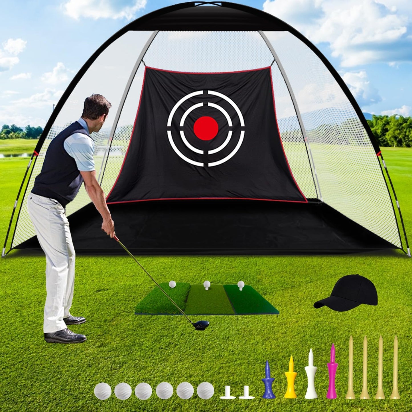 Golf Practice Nets with Real Balls/Turf Mat/Tees/Hat/Target/Bag: 10X7Ft 12X7Ft Gift for Mens Golf Lovers Hitting Driving Chipping Net - Indoor Outdoor Garage Using