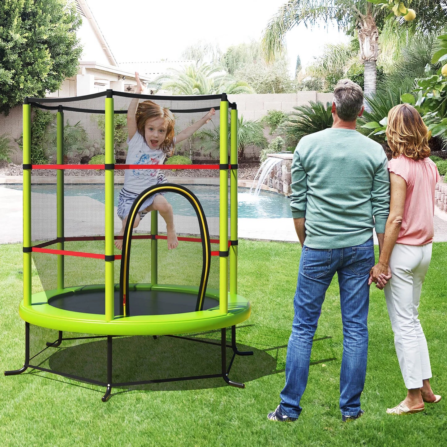 55" Kids Trampoline Bouncing Jumping Mat Recreational Trampoline W/Enclosure Net Green