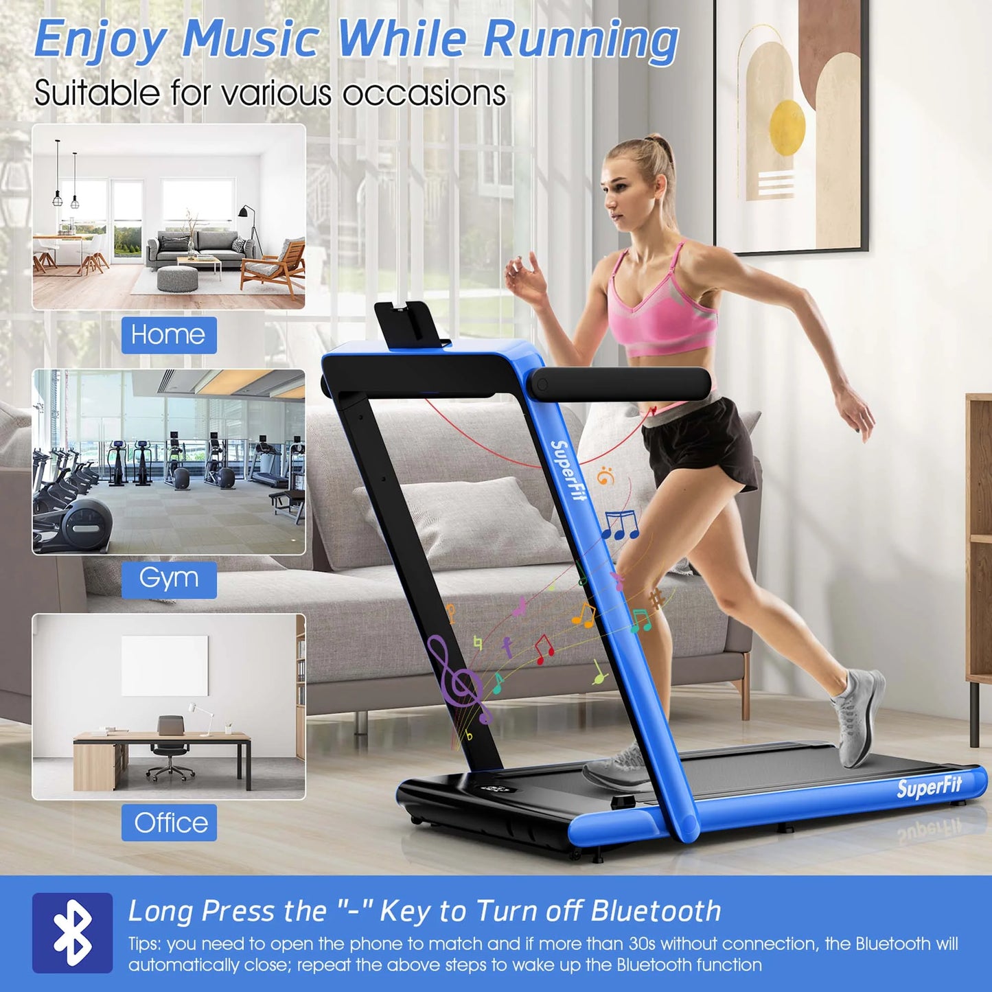 Superfit up to 7.5MPH 2.25HP 2 in 1 Dual Display Screen Treadmill Jogging Machine W/APP Control Blue