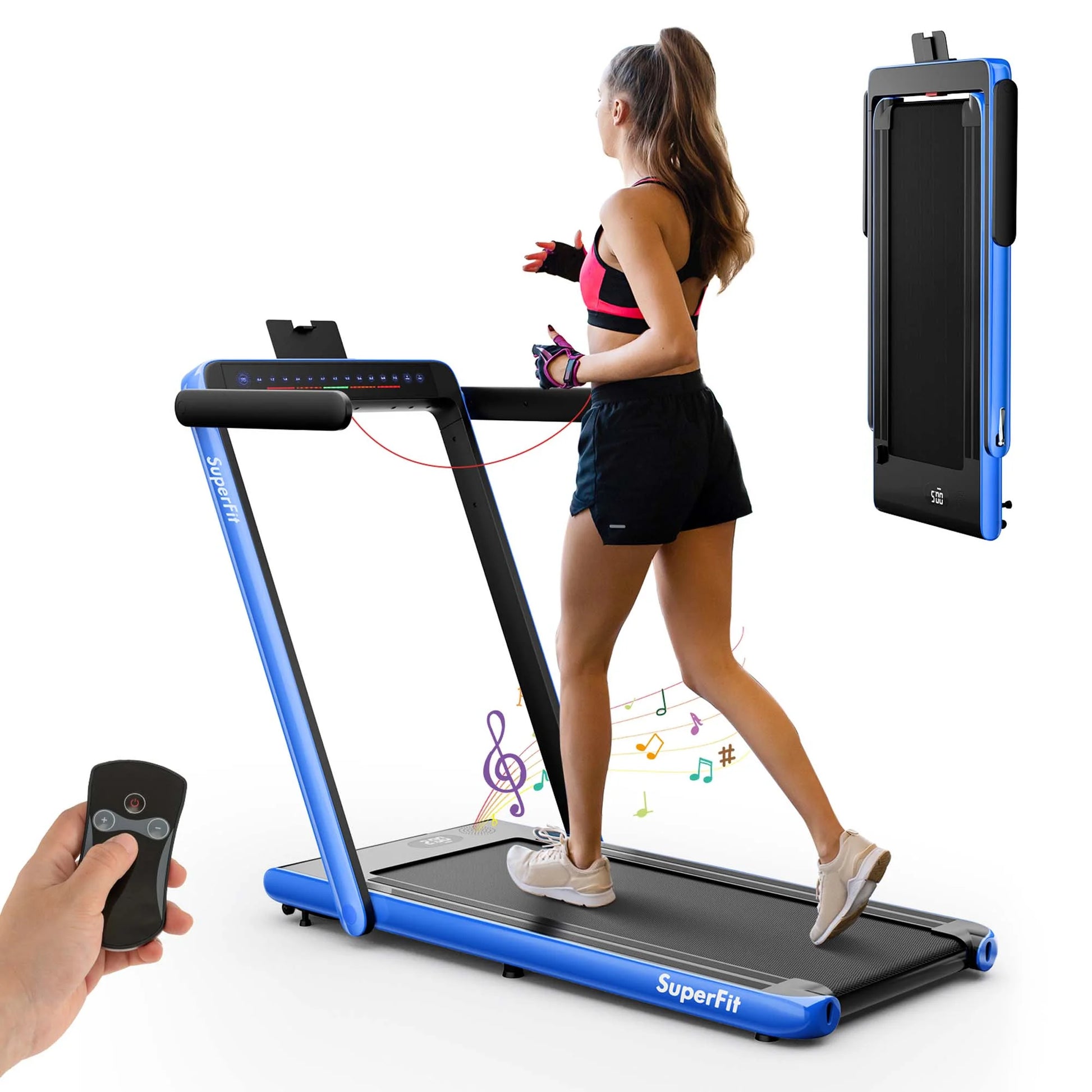 Superfit up to 7.5MPH 2.25HP 2 in 1 Dual Display Screen Treadmill Jogging Machine W/APP Control Blue