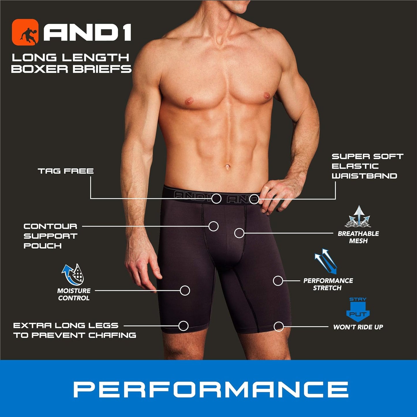 Men'S Underwear Boxer Briefs - 5 Pack Performance Stretch Long Leg Compression Boxers for Men with Contour Pouch (S-3XL)