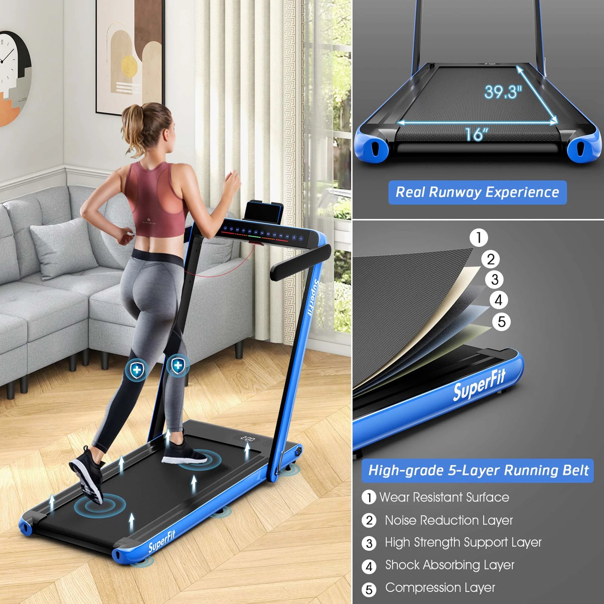 Superfit up to 7.5MPH 2.25HP 2 in 1 Dual Display Screen Treadmill Jogging Machine W/APP Control Blue