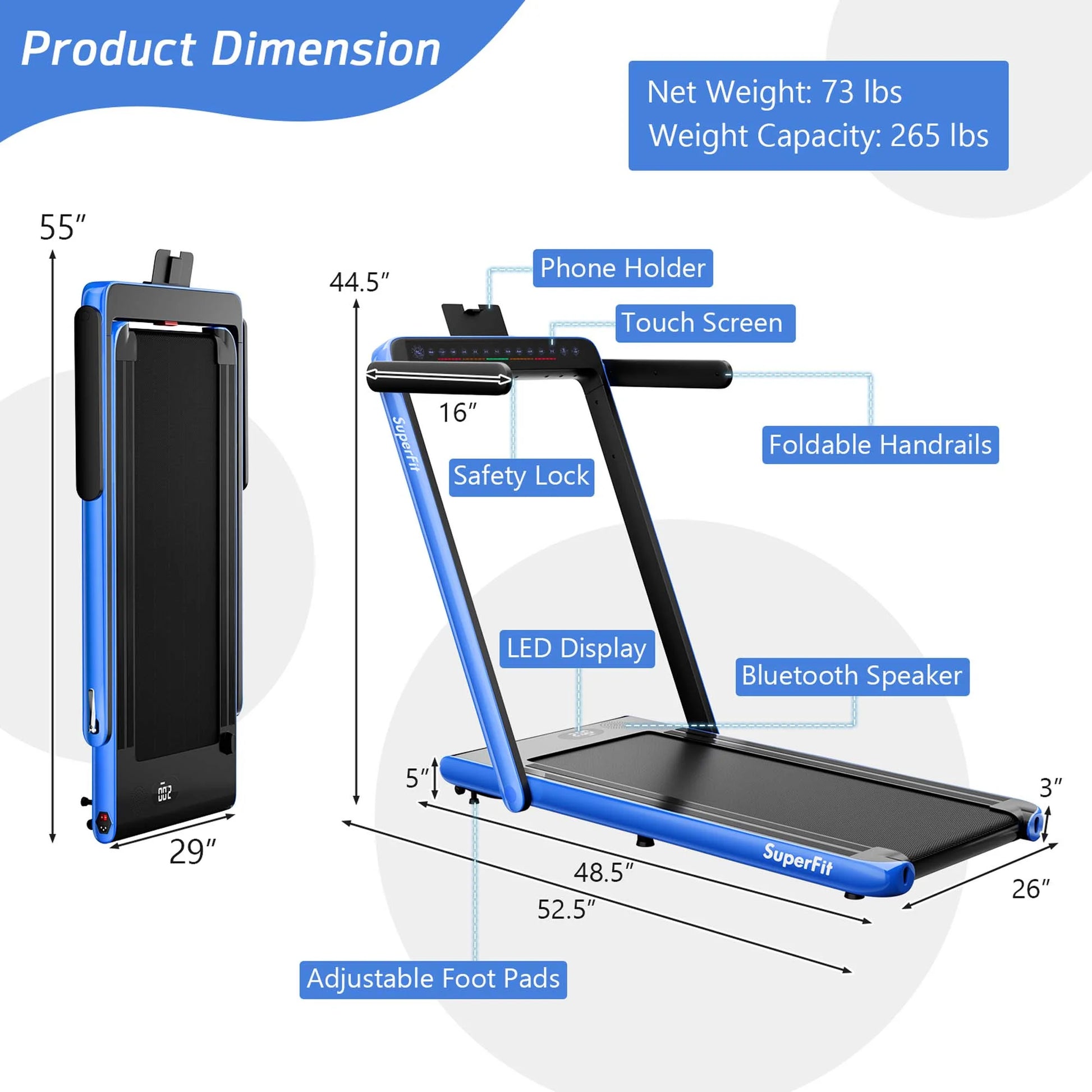 Superfit up to 7.5MPH 2.25HP 2 in 1 Dual Display Screen Treadmill Jogging Machine W/APP Control Blue