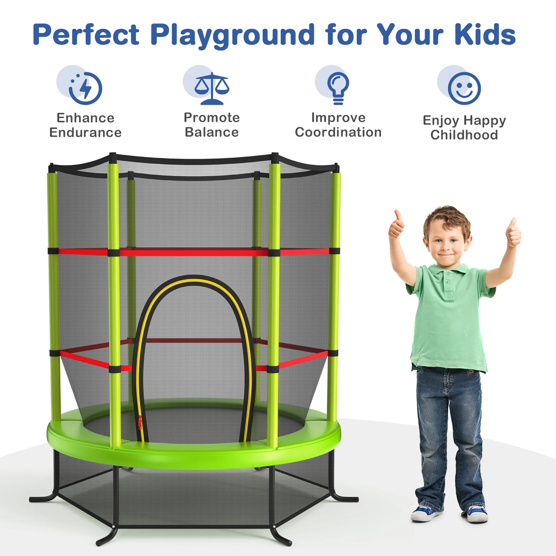 55" Kids Trampoline Bouncing Jumping Mat Recreational Trampoline W/Enclosure Net Green