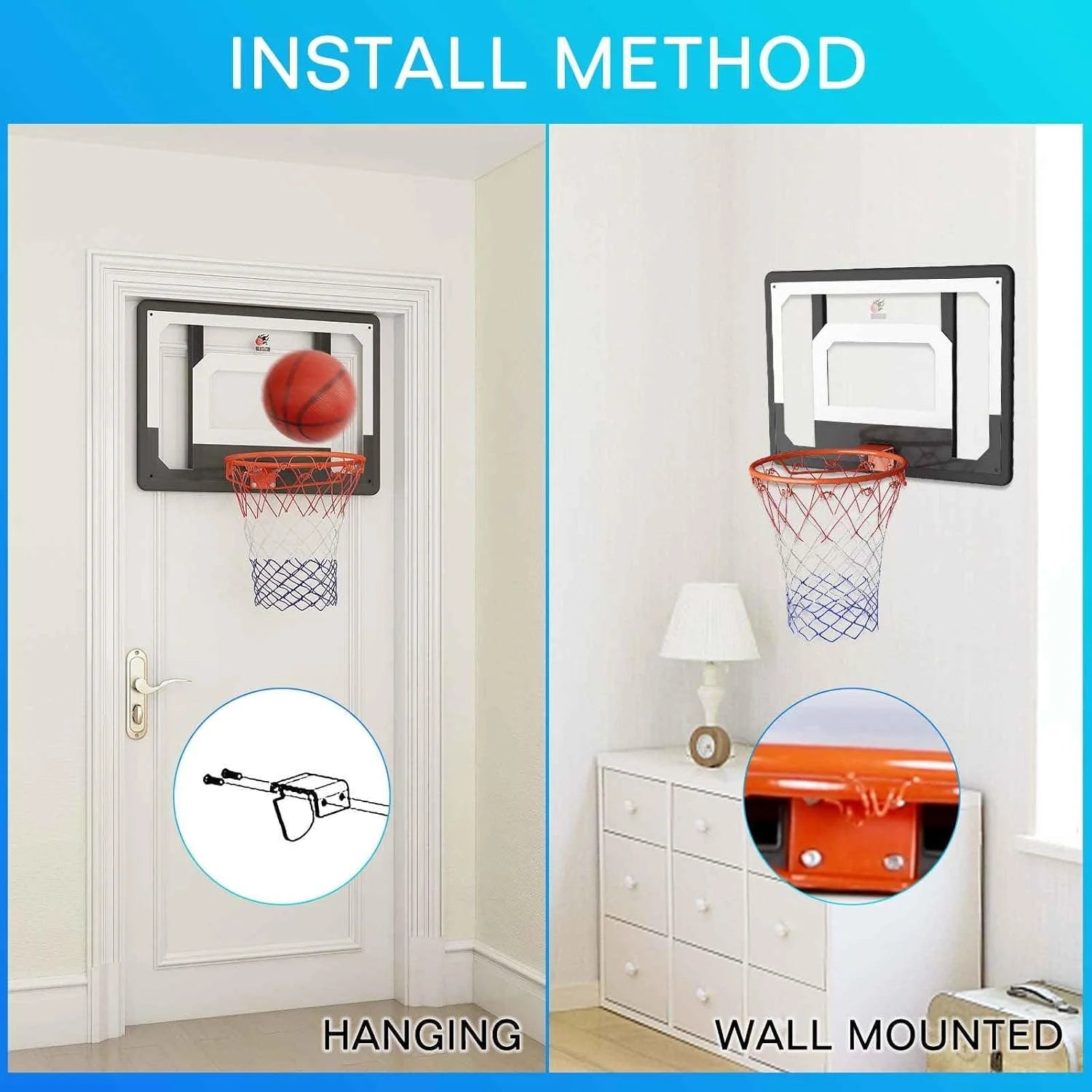 Wall Mount Large Basketball Hoop with Door Hooks, 32" X 23" Backboard, Ball and Rim, Outdoor Lndoor Basketball Hoops Games Set for Youth Adults Kids Gifts