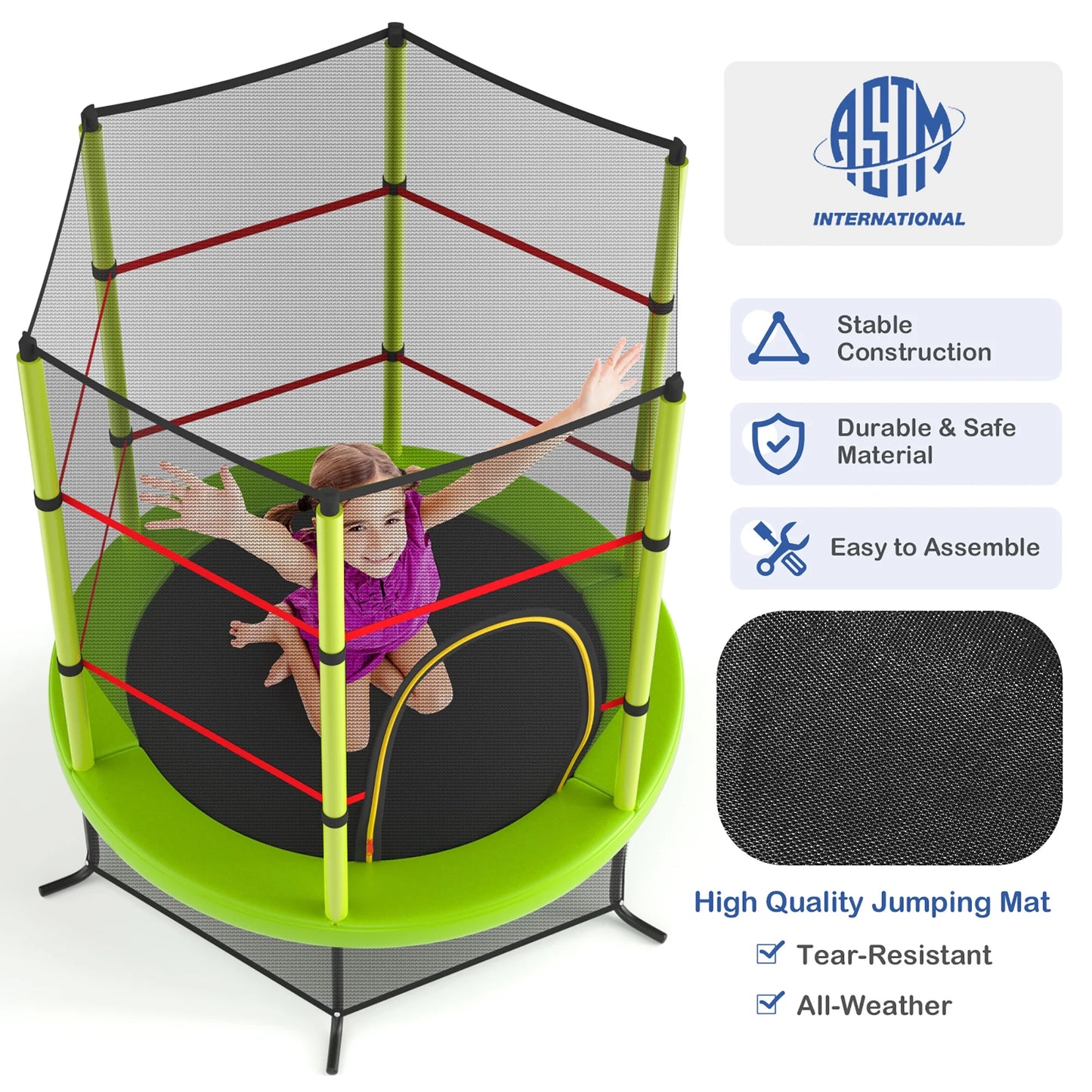 55" Kids Trampoline Bouncing Jumping Mat Recreational Trampoline W/Enclosure Net Green